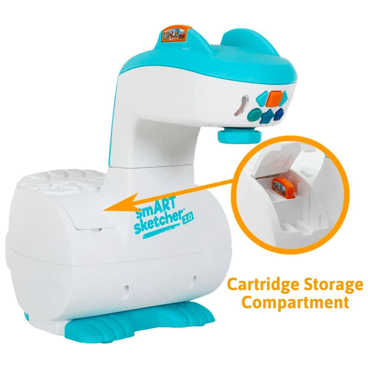 Close-up of the smART sketcher 2.0 projector highlighting the built-in cartridge storage compartment. The projector stores extra activity cartridges inside the unit for easy access and clutter-free organization. Ideal educational drawing toy for kids with smart storage design for creative convenience.