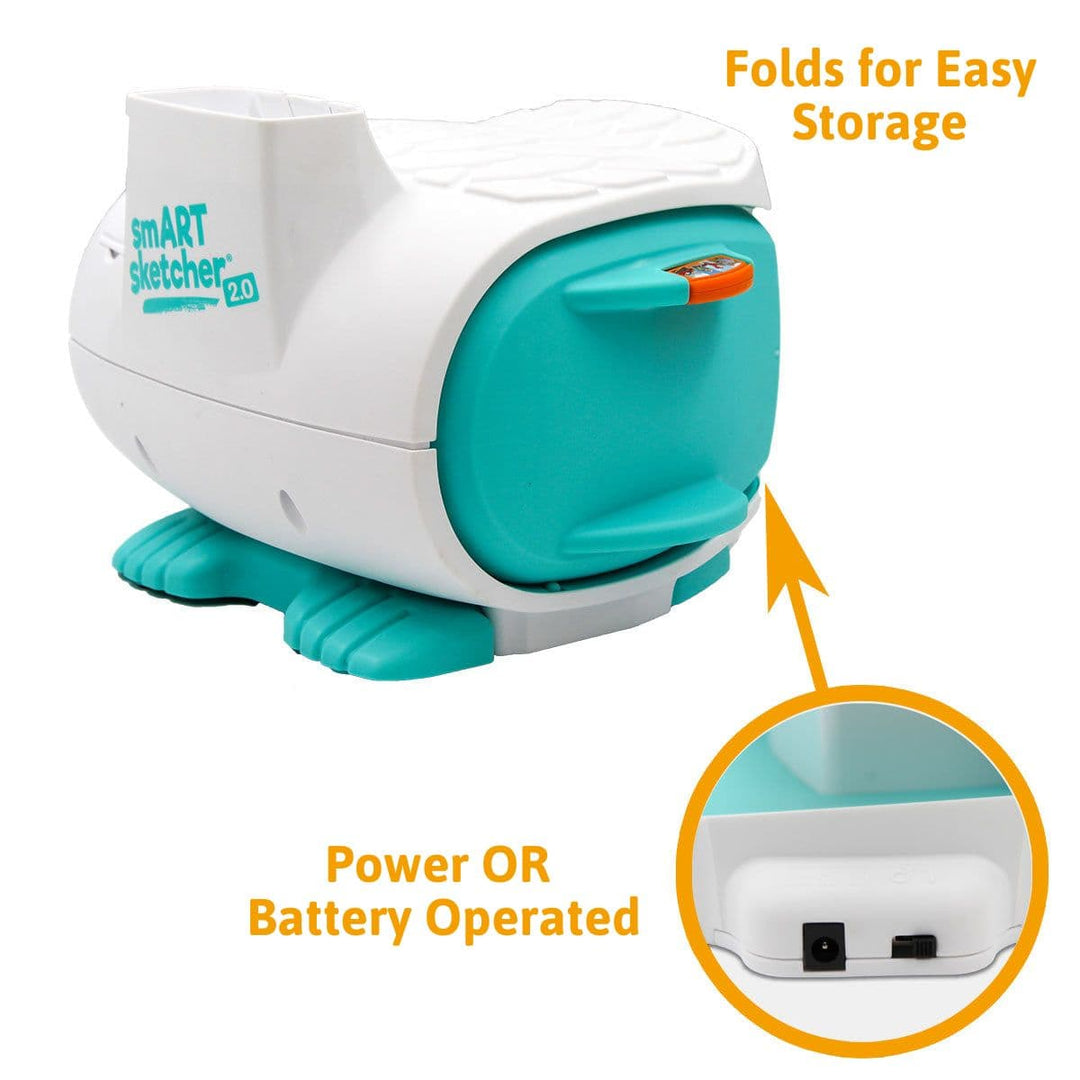 Compact view of the smART sketcher 2.0 projector in folded position for easy storage. Highlighted features include dual power options—can be used with batteries or plugged in. Portable educational art projector for kids, designed for convenient setup, cleanup, and travel-friendly creativity.