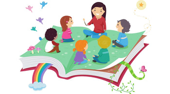 mom sits with kids on a book and teaches them stuff