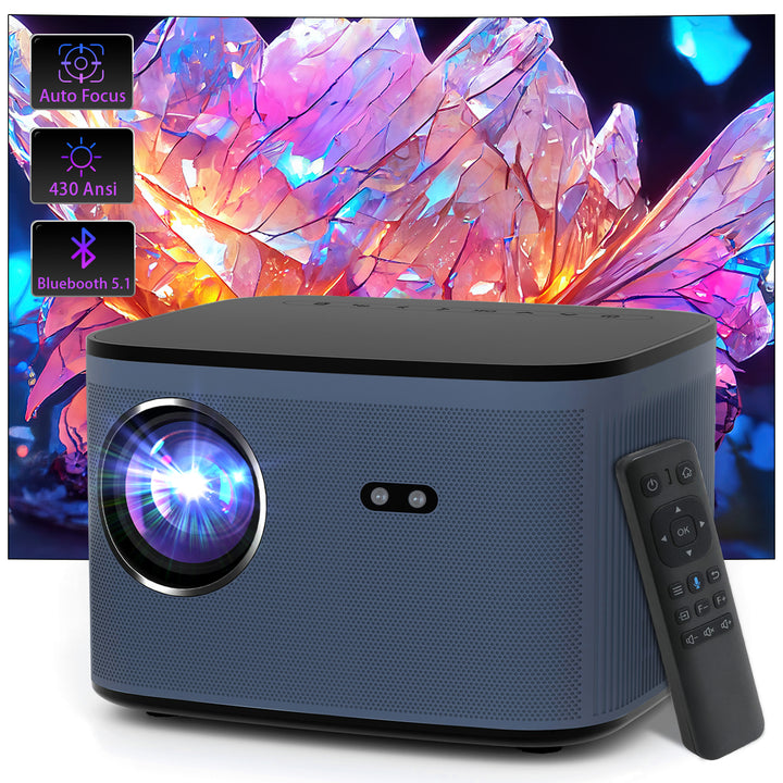 A modern Bluetooth projector with a sleek black and blue design. Features a prominent front lens, small sensor, and includes a remote control. The background shows vibrant, colorful crystal-like visuals, highlighting its high-definition capabilities. Icons on the left display key features: Auto Focus, 430 ANSI lumens brightness, and Bluetooth 5.1 connectivity. Ideal for home and outdoor theaters, this projector combines advanced technology with user-friendly features.