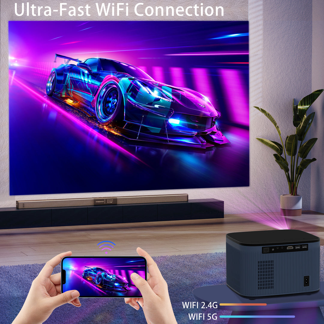 Immerse yourself in high-speed entertainment with this Bluetooth projector. A person wirelessly streams a vibrant race car image from their smartphone to a large screen. The projector supports ultra-fast 2.4G and 5G WiFi bands, ensuring seamless mirroring. Enhance your living room with this sleek addition, complete with a potted plant and a powerful soundbar