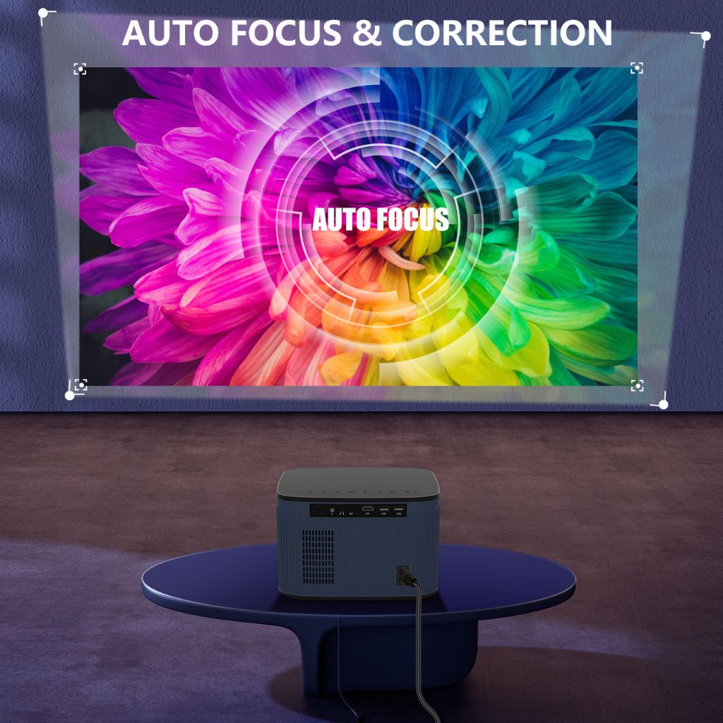 Projector showcasing auto focus and correction features on a vibrant flower image. The projector is positioned on a table, projecting a clear, colorful display on the wall. Ideal for home theater setups, delivering sharp and precise visuals with easy adjustment. Perfect for enhanced movie nights and presentations.