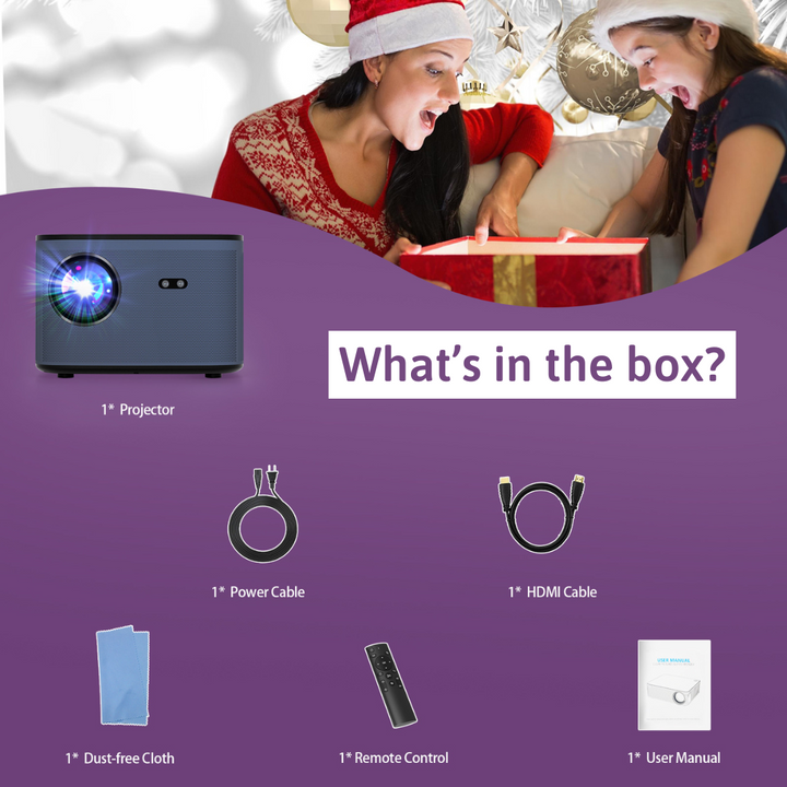 Excited mother and daughter opening a gift box containing a projector. The image highlights the contents of the box, which include: 1 projector, 1 power cable, 1 HDMI cable, 1 dust-free cloth, 1 remote control, and 1 user manual. Perfect for home entertainment and holiday gifts.